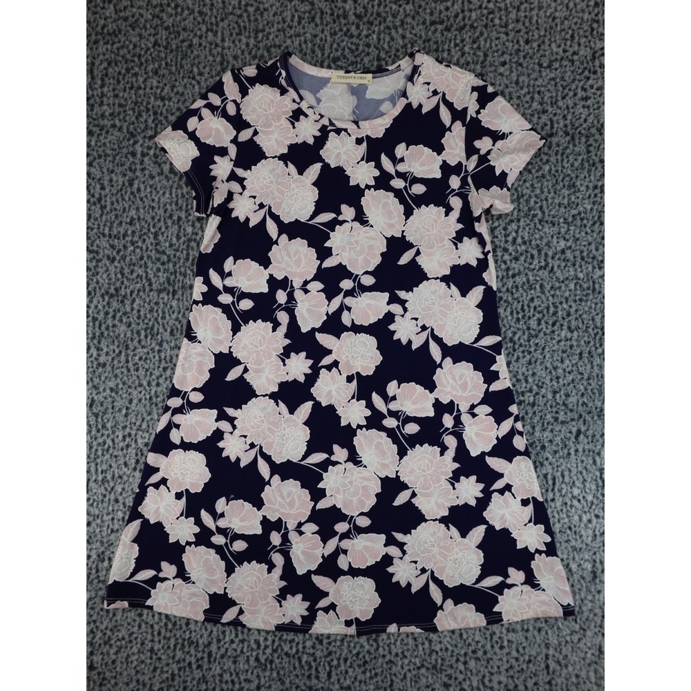 Tiffany & Grey Floral T-Shirt Dress Womens XL Navy Pink Good Short Sleeve A-Line